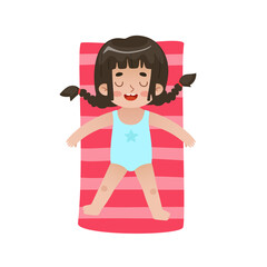 Sunbathing asian girl on beach towel. Cartoon baby girl laying on the beach and smiling. Cute little child on vacation.