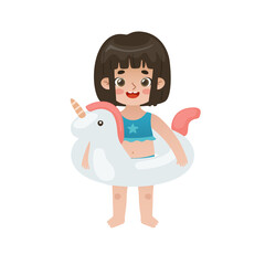 Cute asian girl standing with inflatable unicorn. Adorable baby girl on summer vacations with rubber ring.