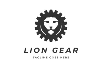 Strong Lion Head Face with Gear Cog Machine for Industrial Logo Design