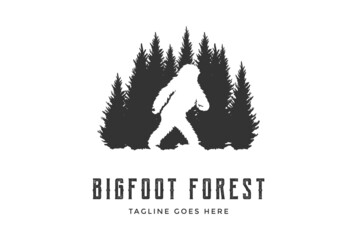 Pine Evergreen Conifer Cedar Larch Cypress Fir Trees Forest with Bigfoot Monster Silhouette Logo Design