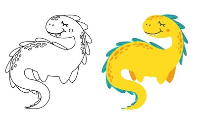 Children's vector coloring book. Cute little dinosaur. Children's coloring book. Black and white dragon. Black and white and colored picture 