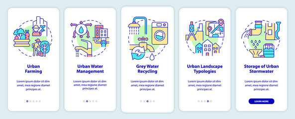 Fototapeta na wymiar Water and biodiversity in green urbanism onboarding mobile app screen. Walkthrough 5 steps graphic instructions pages with linear concepts. UI, UX, GUI template. Myriad Pro-Bold, Regular fonts used