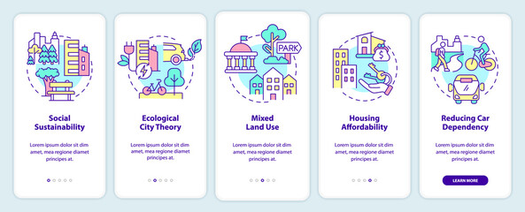 Urban planning in green urbanism onboarding mobile app screen. Walkthrough 5 steps graphic instructions pages with linear concepts. UI, UX, GUI template. Myriad Pro-Bold, Regular fonts used © bsd studio