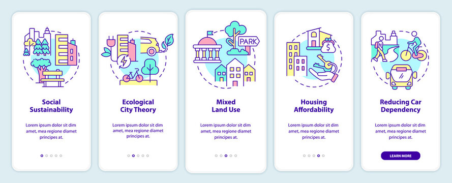 Urban planning in green urbanism onboarding mobile app screen. Walkthrough 5 steps graphic instructions pages with linear concepts. UI, UX, GUI template. Myriad Pro-Bold, Regular fonts used