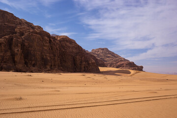 Panoramic views of the Wadi Rum desert, Jordan at sunrise