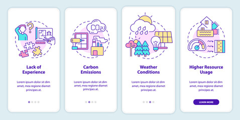 Disadvantages of zero-energy building onboarding mobile app screen. Walkthrough 4 steps graphic instructions pages with linear concepts. UI, UX, GUI template. Myriad Pro-Bold, Regular fonts used