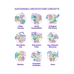 Sustainable architecture concept icons set. Ecological city theory idea thin line color illustrations. Natural resources. Isolated symbols. Editable stroke. Roboto-Medium, Myriad Pro-Bold fonts used