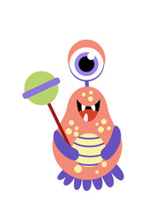 Cute monster with big lollipop chupa chups. Flat, cartoon, vector