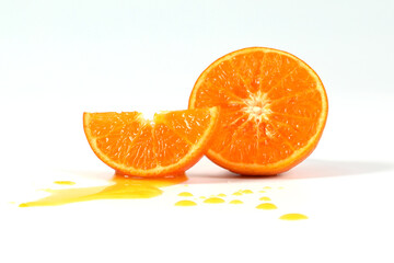 oranges, halved oranges, healthy fruit, mandarin oranges, vitamin C, against white background with refreshing water droplets