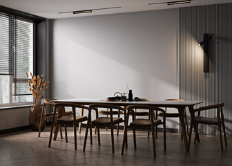 Dark interior with dining table and chairs. 3d render illustration background mock up.