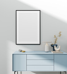 Mock up frame in home interior background, white wall with blue furniture, modern style, 3d render