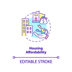 Housing affordability concept icon. Urban planning in green urbanism abstract idea thin line illustration. Housing market. Isolated outline drawing. Editable stroke. Arial, Myriad Pro-Bold fonts used