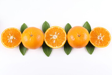 Flat lay decoration of fresh Orange slice fruits isolated over white background shoot photography in High angle view.