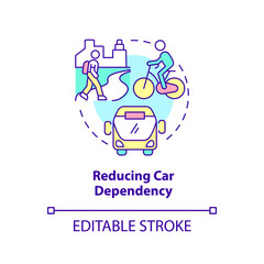 Reducing car dependency concept icon. Sustainability in urban planning abstract idea thin line illustration. Car-sharing. Isolated outline drawing. Editable stroke. Arial, Myriad Pro-Bold fonts used