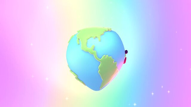 Looped cartoon heart shaped Earth in the rainbow sky.