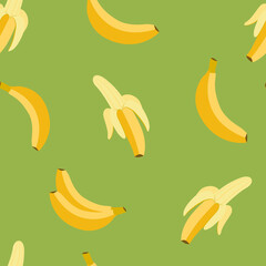 Banana seamless patterns. Peeled banana on green. Flat, vector