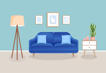 Modern living room interior with furniture and home plants. Design of a cozy room with a sofa, plants and decor items. Vector flat style illustration. lounge room.