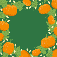 autumn pumpkin frame with leaves and seeds. Flat, vector