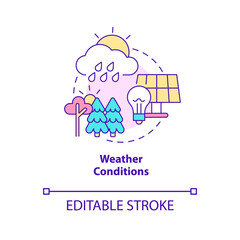 Weather conditions concept icon. Net zero energy building weak spot abstract idea thin line illustration. Panel efficiency. Isolated outline drawing. Editable stroke. Arial, Myriad Pro-Bold fonts used