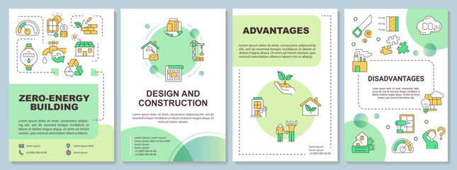 Zero emission building green brochure template. Advantages, drawbacks. Leaflet design with linear icons. 4 vector layouts for presentation, annual reports. Arial-Bold, Myriad Pro-Regular fonts used - obrazy, fototapety, plakaty