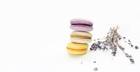 three cakes macaroons of yellow, green and purple color and and sprigs of lavender on white background