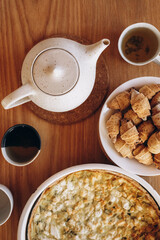 Breakfast meal on the table top view vertical orientation cookies