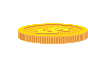 Gold coin of one dollar. Isolated, flat, golden money, token