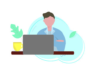 パソコン 悩む男性 腕組み 考える アイディア。ビジネス ベクターイラスト