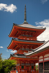 The red Sanjunoto pagoda in Kiyomizu-Dera Buddhist Temple, Kyoto