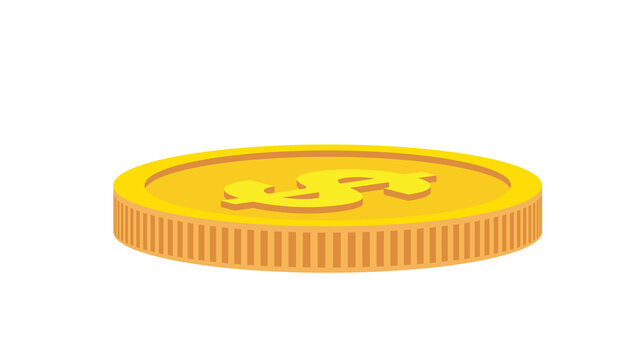 Gold coin of one dollar. Isolated, flat, golden money, token
