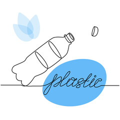 Concept of Recycle plastic. One continuous line drawing of minimalist Plastic Bottle drink with lid and lettering word Plastic. Vector line art