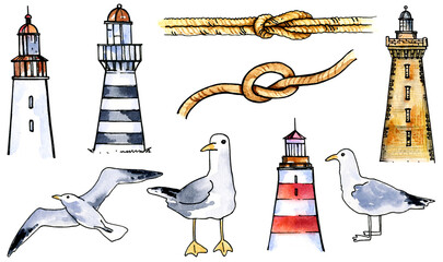 Sea set of lighthouses, seagulls, knots. Watercolor illustration. Isolated on white background. Hand draw scetch.