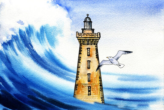 watercolour lighthouse in sea wave, seagull, dark blue ocean, hand darwn illustration