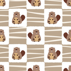 Seamless kids pattern with little beavers. Vector baby background. © Afanasia