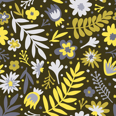 Naklejka na ściany i meble Flower. Scandinavian doodle seamless pattern with colorful flowers and leaves. Scandi. Isolated