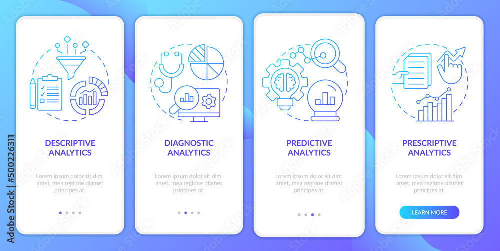 Wall mural variety of data analytics blue gradient onboarding mobile app screen. walkthrough 4 steps graphic in
