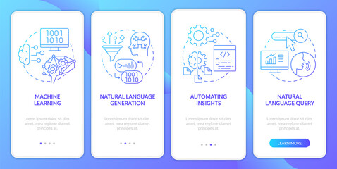 Augmented data management blue gradient onboarding mobile app screen. Walkthrough 4 steps graphic instructions pages with linear concepts. UI, UX, GUI template. Myriad Pro-Bold, Regular fonts used