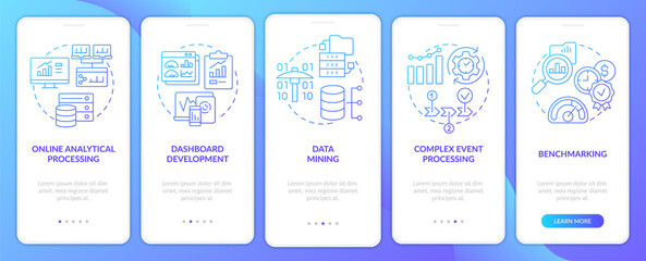 BI techniques blue gradient onboarding mobile app screen. Data mining. Walkthrough 5 steps graphic instructions pages with linear concepts. UI, UX, GUI template. Myriad Pro-Bold, Regular fonts used