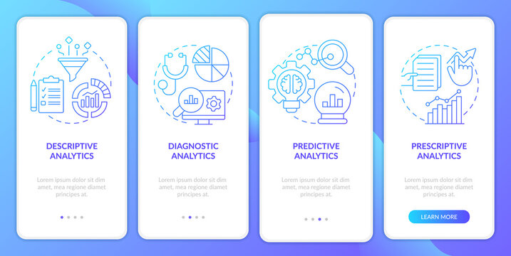 Variety of data analytics blue gradient onboarding mobile app screen. Walkthrough 4 steps graphic instructions pages with linear concepts. UI, UX, GUI template. Myriad Pro-Bold, Regular fonts used