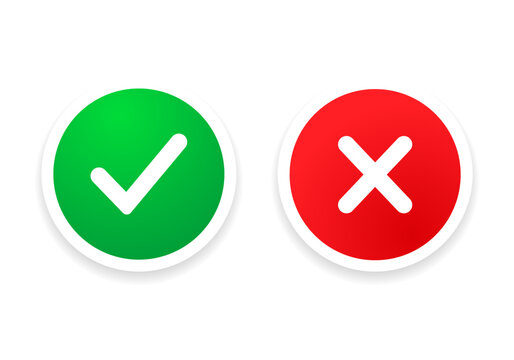 Yes or no icon. Green tick symbol and red cross sign in circle. Checkmark and check icon. Approval. Like and dislike icon. X or approve or deny line art vector icon for apps and websites and ui ux.