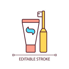 Toothpaste and brush RGB color icon. Oral cavity hygiene items. Everyday morning routine. Isolated vector illustration. Simple filled line drawing. Editable stroke. Arial font used