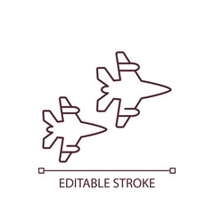Pair of warplanes RGB color icon. Combat aircraft flying in sky. Military aviation defending country. Isolated vector illustration. Simple filled line drawing. Editable stroke. Arial font used