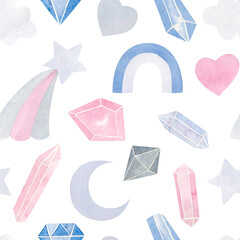 Hand-drawn watercolor seamless pattern with crystals