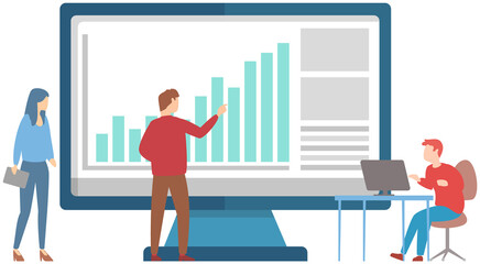Fototapeta premium Business people with laptop study statistics. Male character, marketing analyst checks dynamics of changes in indicators. Exchange trading, financial literacy. Graphs and growth charts on screen
