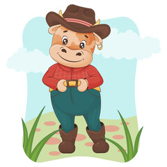 Cute cowboy calf farmer. Cartoon style. Children illustration. Vector illustration