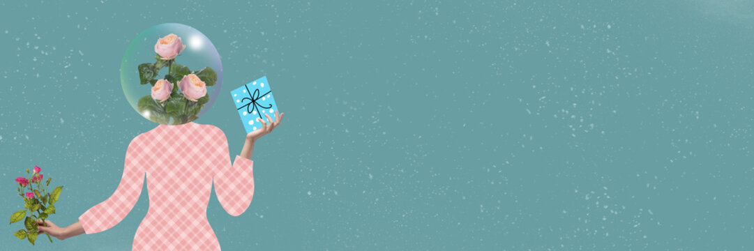 Contemporary art collage. Beautiful flowers instead head of female body on dark green background. Concept of summertime, vacation, resort, mood, beauty, art