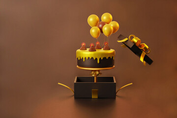 Big surprise Golden cake with cute balloons on a dark brown background and flying black gift box 3d illustration