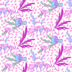 Vector seamless half-drop pattern, with mushrooms