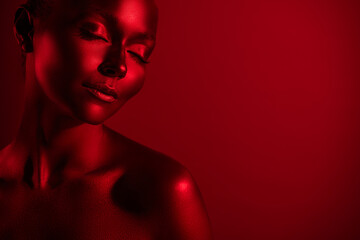 Close up photo of elegant stunning lady fantasize eyes closed isolated on dark red futuristic color background