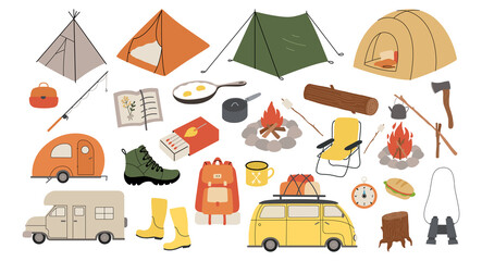 Camping Kit Vector. Camping Gear set. Hiking, holiday trip, picnic, survival in wild, fishing, local travel, trekking concept. Countryside and nature vacation, tourism. Outdoor recreation